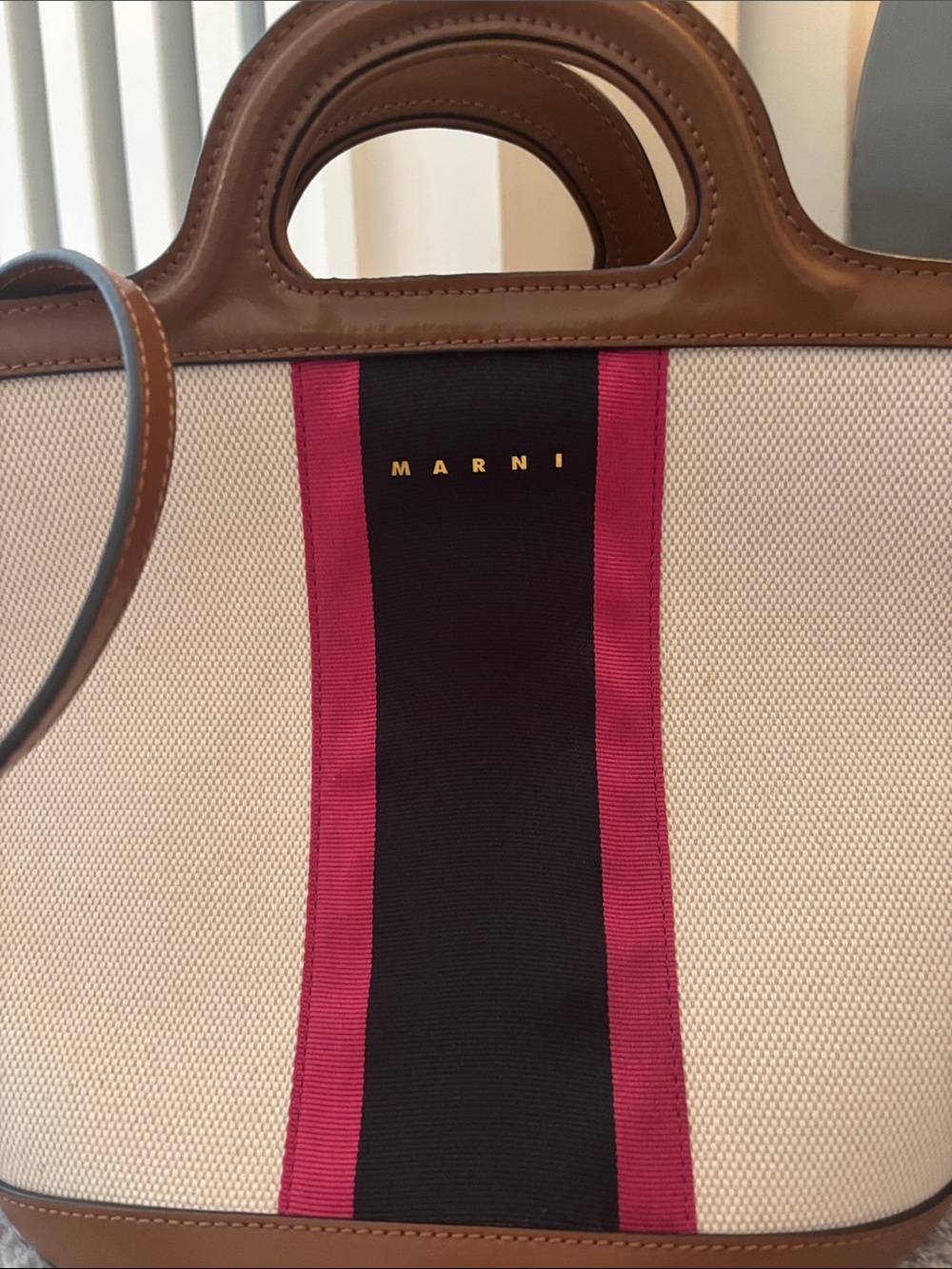 Marni Cream Canvas Tote with Brown Leather Trim and Pink-Black Center Stripe - Picture 2 of 6